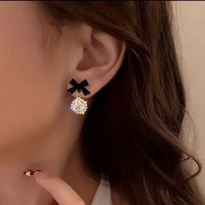 Elegant Black Bow and Crystal Drop Earrings